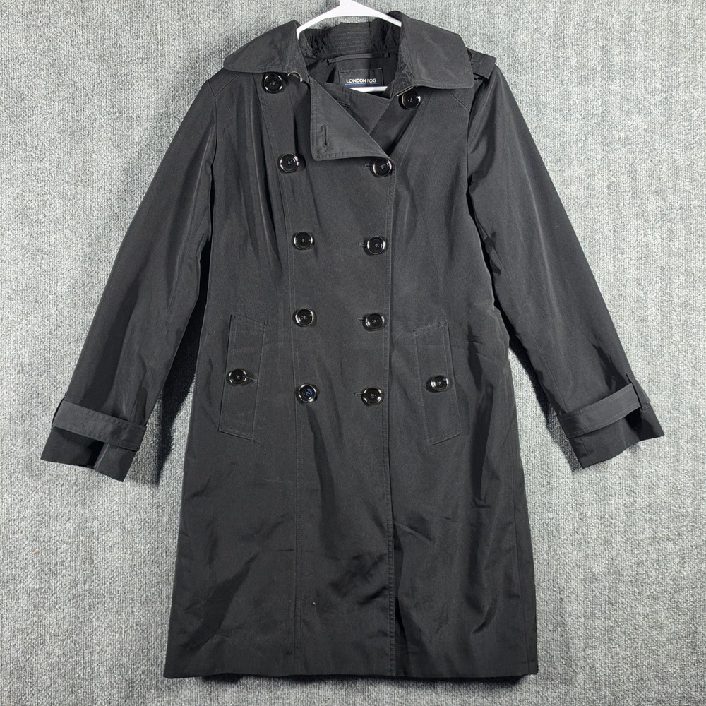London Fog Trench Coat Womens Small Black‎ Double Breasted Mid Length Outerwear